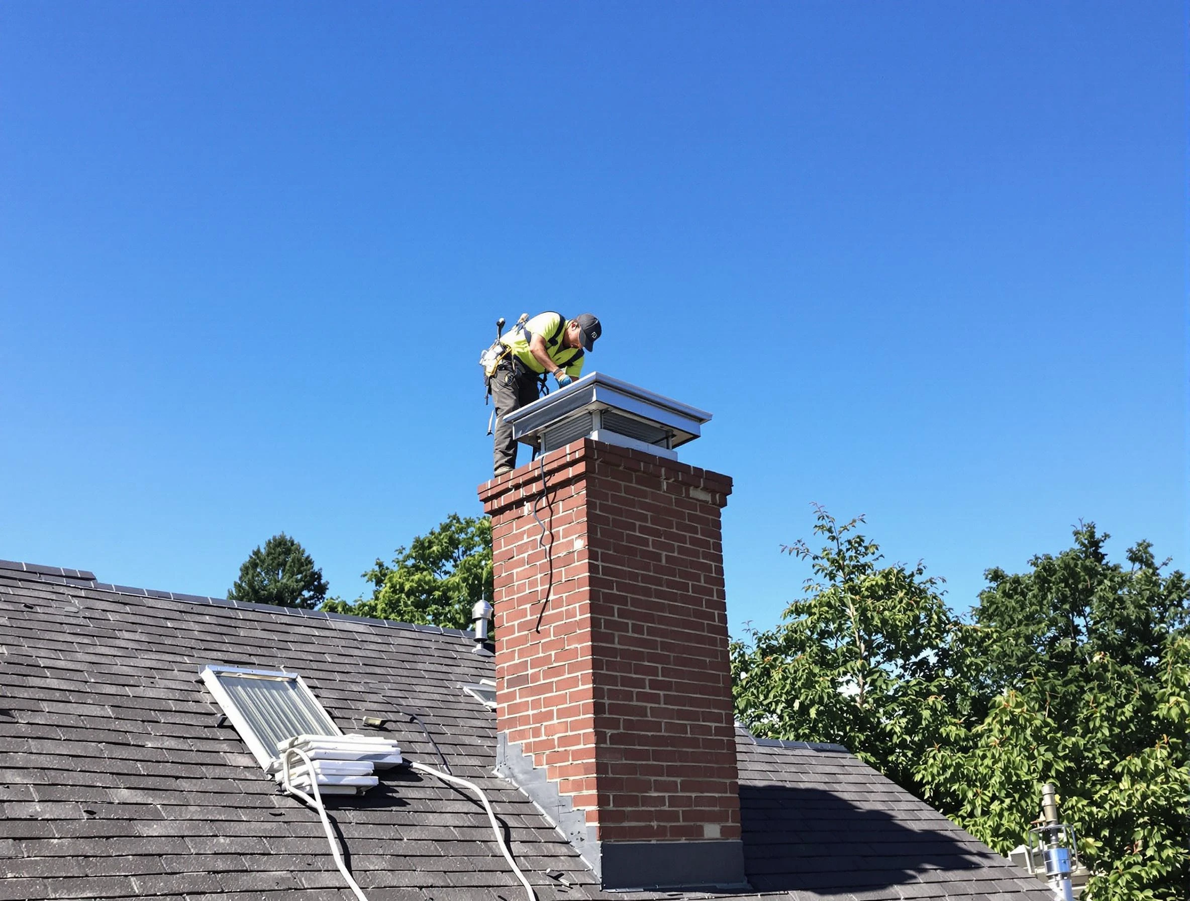 Riverdale Chimney Sweep technician measuring a chimney cap in Riverdale, GA